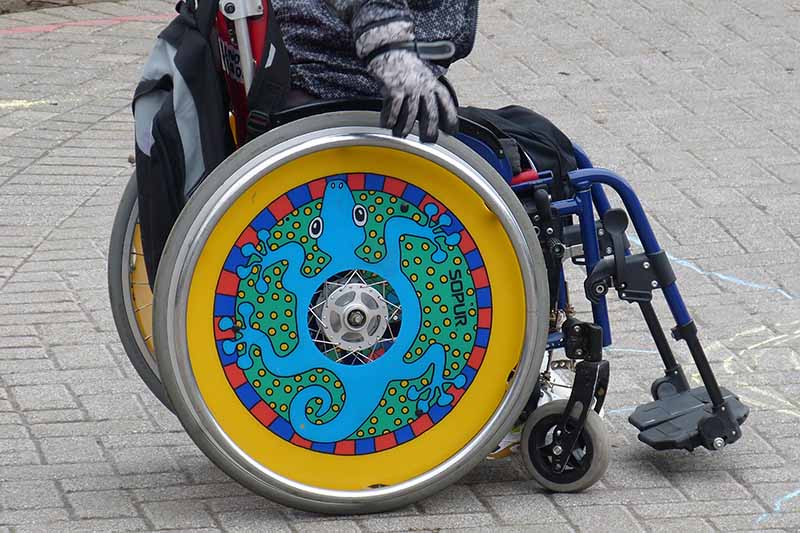 Picture of a colourful wheelchair with some art work on the wheels featuring a gecko