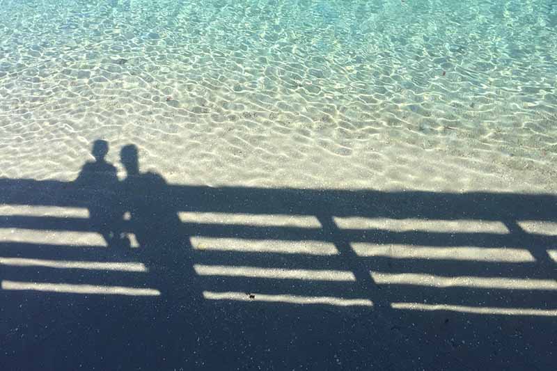 Picture of the shadow of a man and child looing into the water from a pier